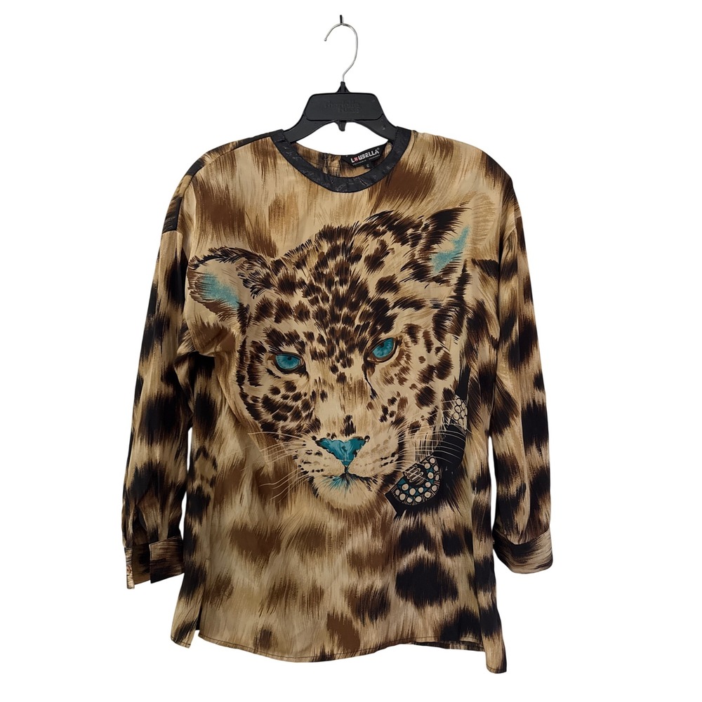 Loubella California Fashions Leopard Print Graphic Blouse Brown Blue Size 6
